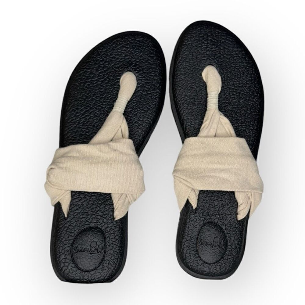 NWOT Sanuk Womens Comfort Yoga Mat Sling Sandals Black Cream Size 10
